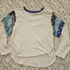 We The Free White Long Sleeve Top with Blue and Black Bandanna Patterned Sleeves